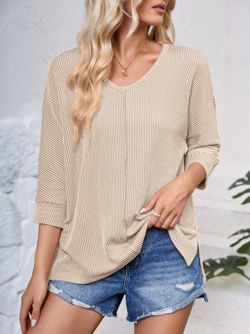 Textured Round Neck Three-Quarter Sleeve Blouse