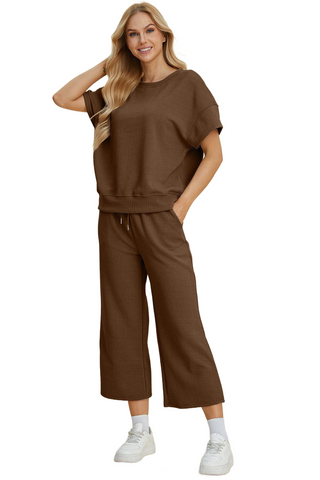 Full Size Texture Round Neck Top and Pants Set