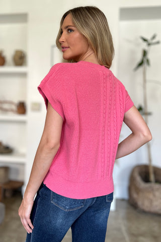 Full Size Cable-Knit Round Neck Short Sleeve Sweater