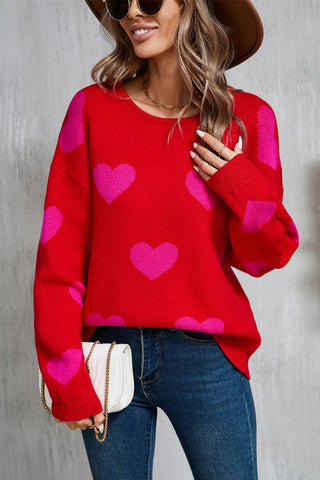 Heart Round Neck Dropped Shoulder Sweater