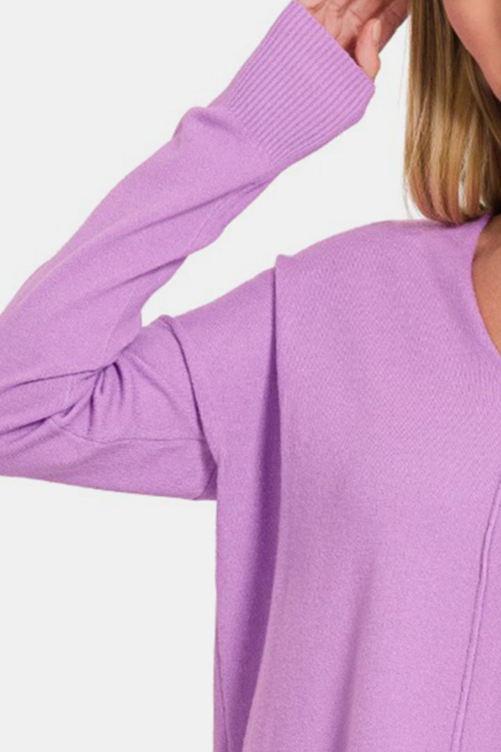 Slit V-Neck Dropped Shoulder Sweater