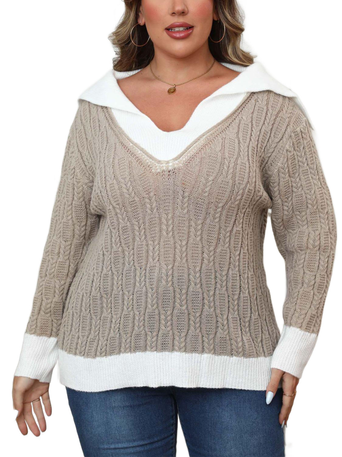 Plus Size Contrast Trim Collared Neck Sweater