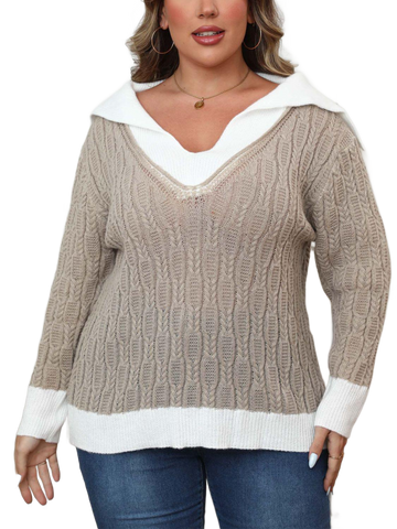 Plus Size Contrast Trim Collared Neck Sweater