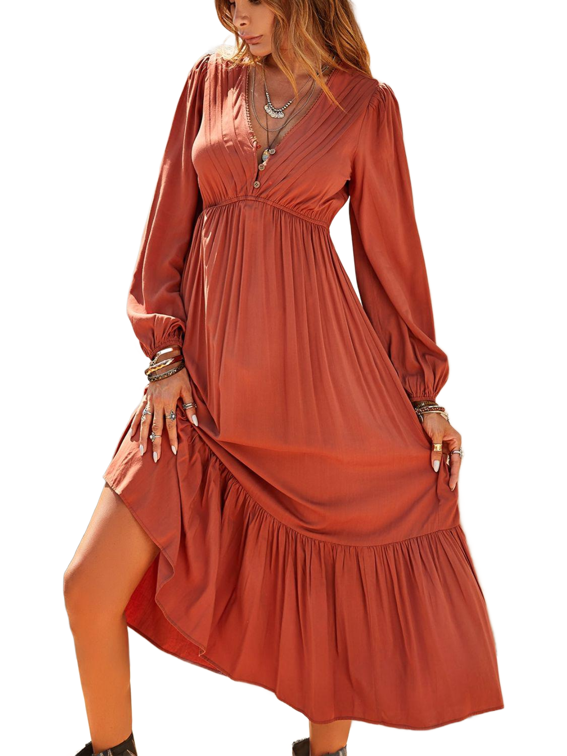 Ruched V-Neck Long Sleeve Midi Dress