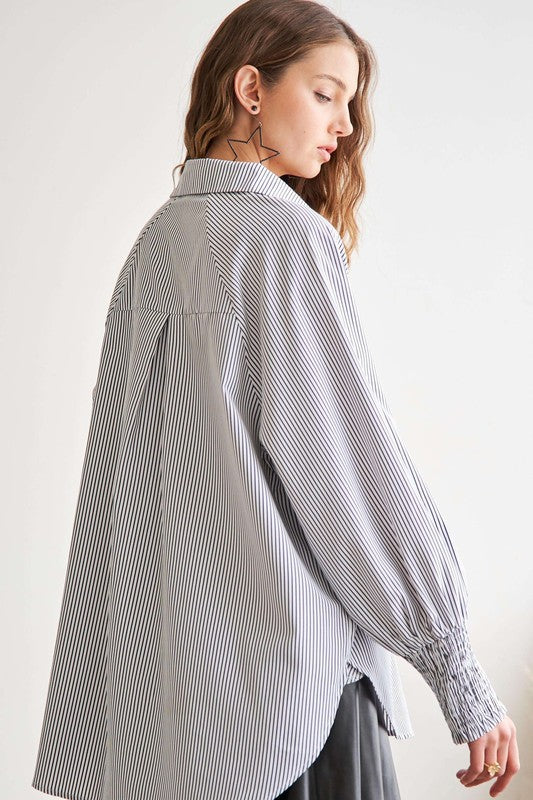 ADORAL High-Low Striped Button Down Smocked Lantern Sleeve Shirt