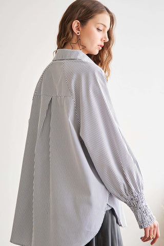 ADORAL High-Low Striped Button Down Smocked Lantern Sleeve Shirt