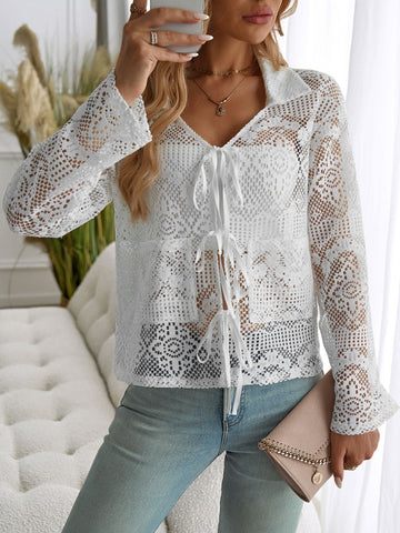 Tied Collared Neck Long Sleeve Top