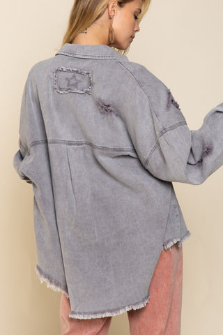 POL Button Down Raw Hem Distressed Shacked