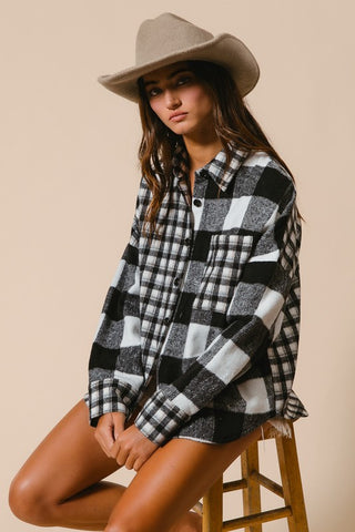 Bib Plaid Fleece Button Down Long Sleeve Shirt