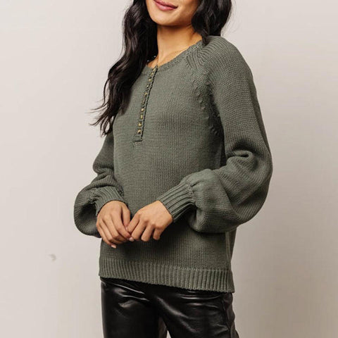 Buttoned Round Neck Long Sleeve Sweater