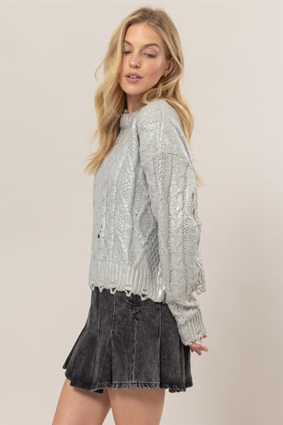 HAVE Distressed Cable-Knit Round Neck Long Sleeve Sweater