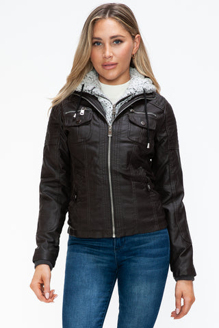 PMI Removable Faux Layered Multi-Pocket Jacket with Fuzzy Hood