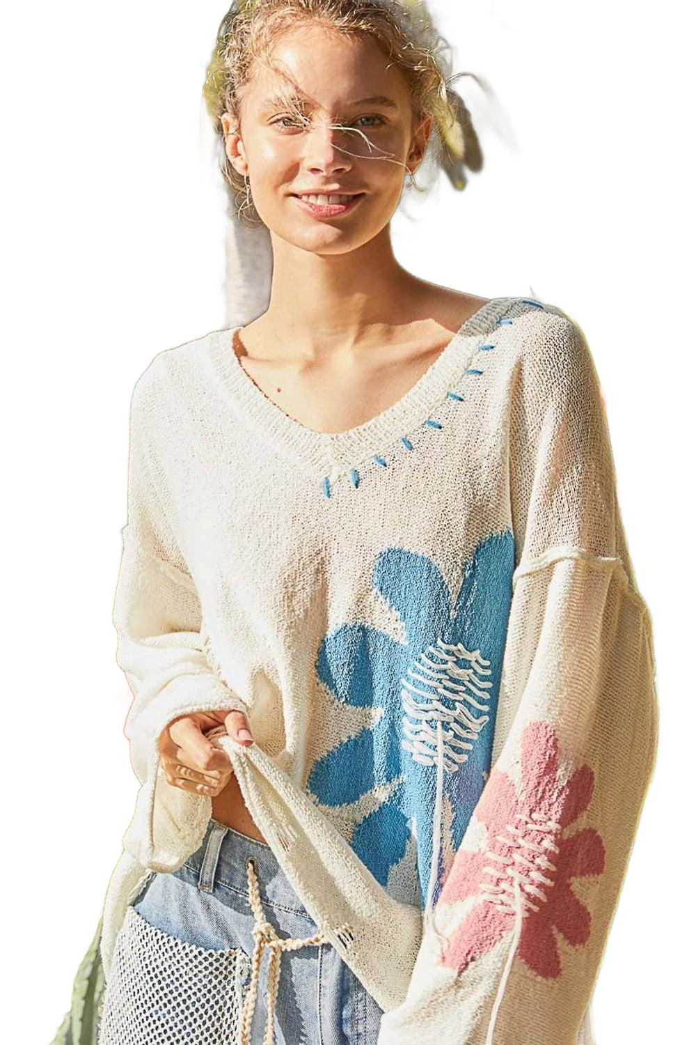 Distressed Flower V-Neck Dropped Shoulder Knit Top