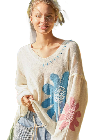 Distressed Flower V-Neck Dropped Shoulder Knit Top