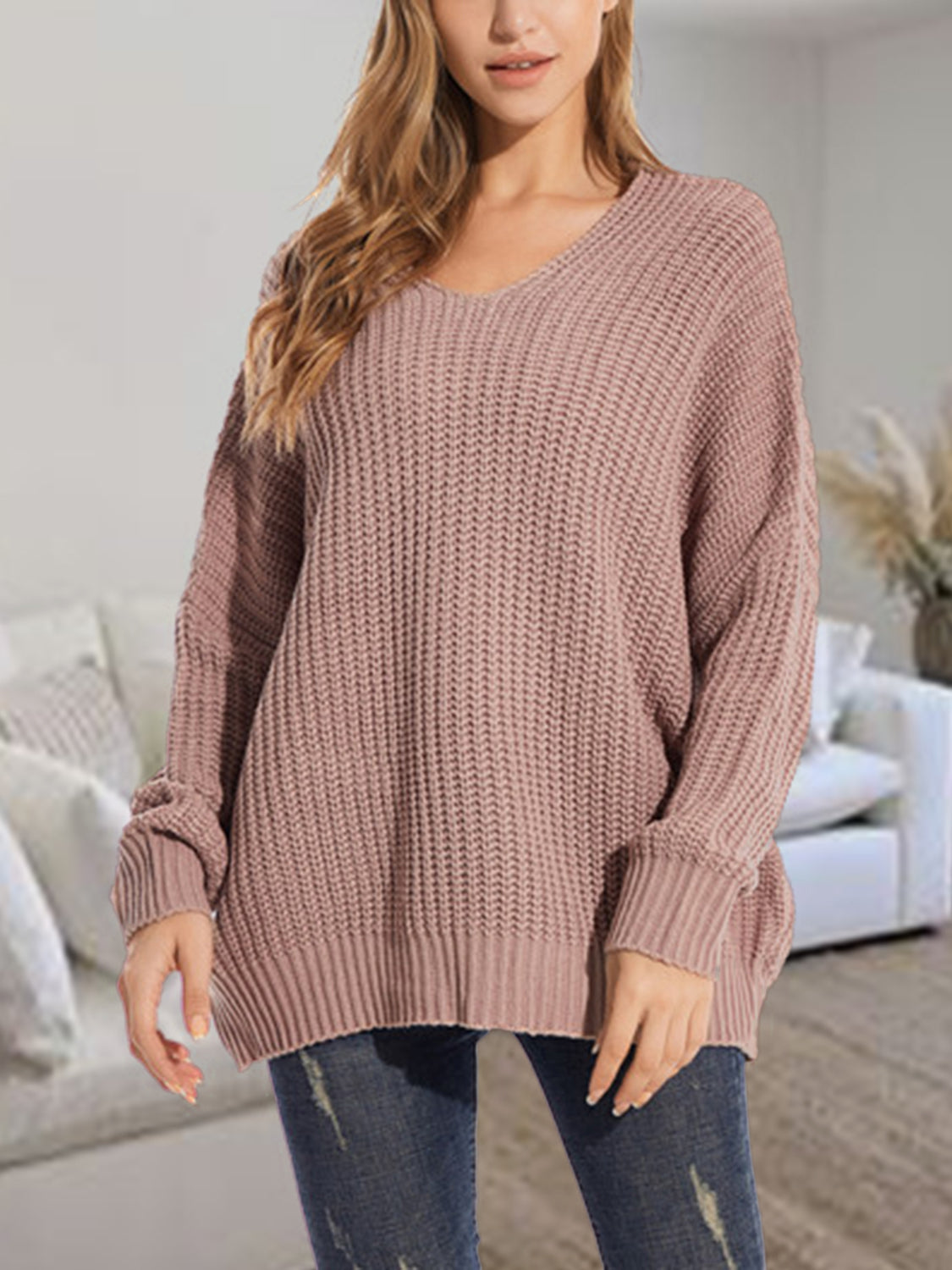 V-Neck Batting Dropped Shoulder Sweater