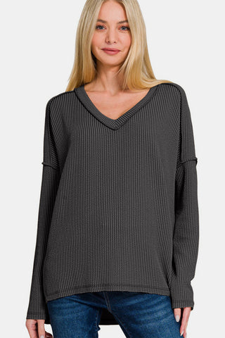 Banana Texture Exposed Seam V-Neck Long Sleeve T-Shirt