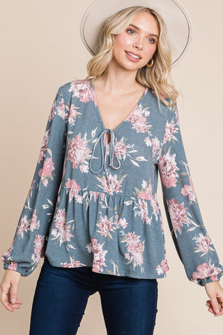 Super Lady Full Size Baby doll Floral Long Sleeve Blouse