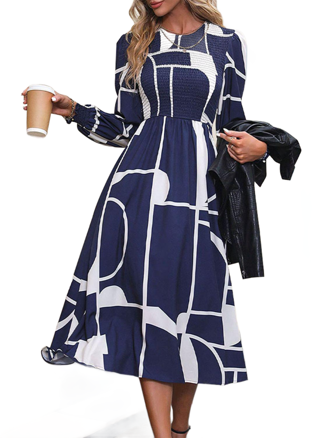 Smocked Color Block Long Sleeve Midi Dress