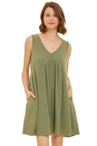 Full Size Texture V-Neck Sleeveless Flare Mini Dress