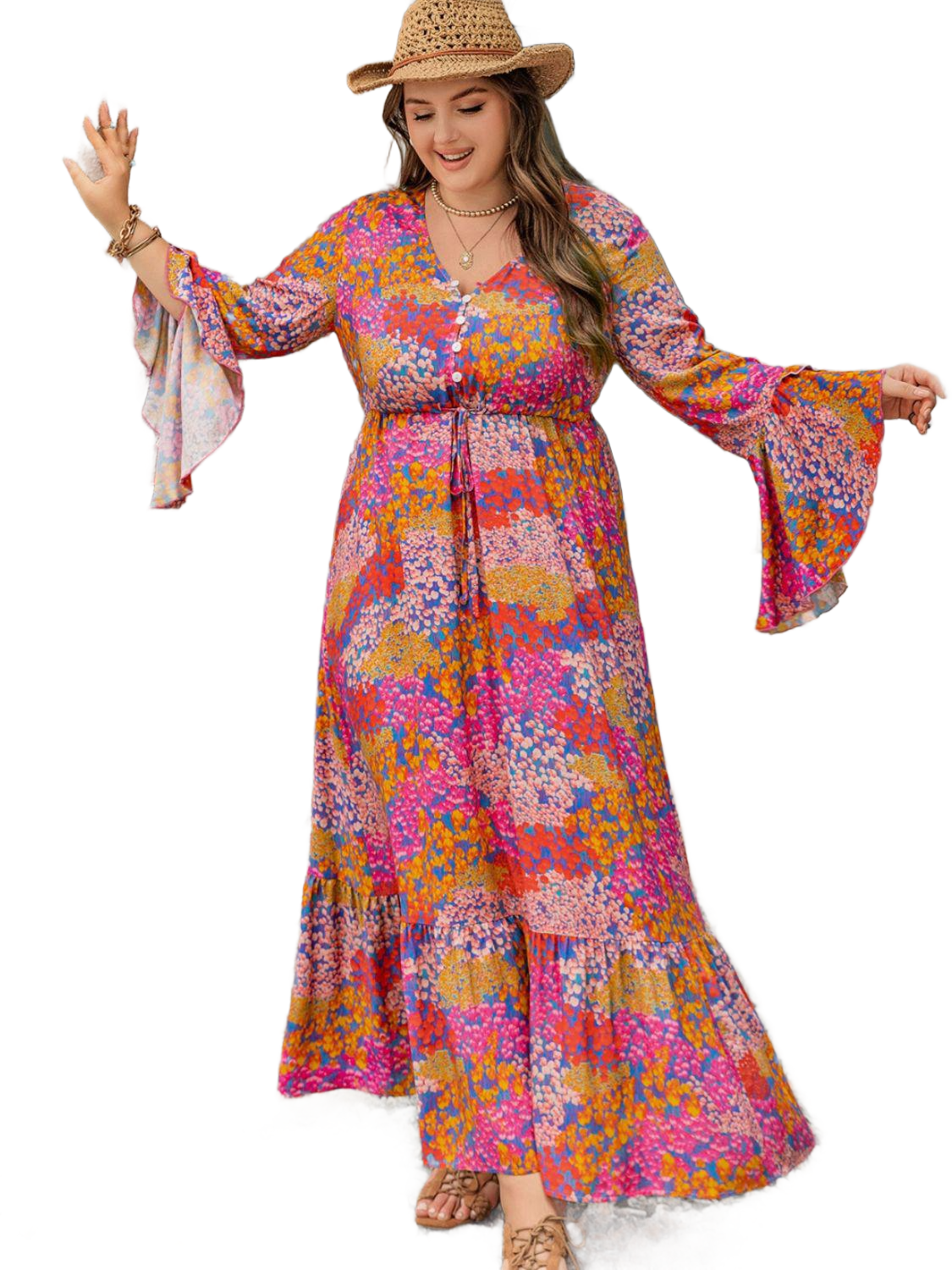 Plus Size Printed V-Neck Long Sleeve Maxi Dress