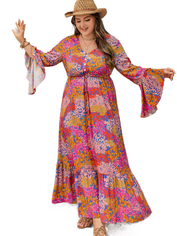 Plus Size Printed V-Neck Long Sleeve Maxi Dress