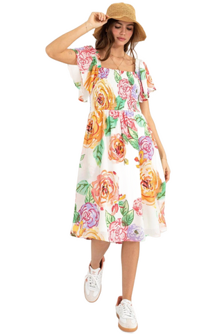 Floral Flutter Sleeve Smocked Dress