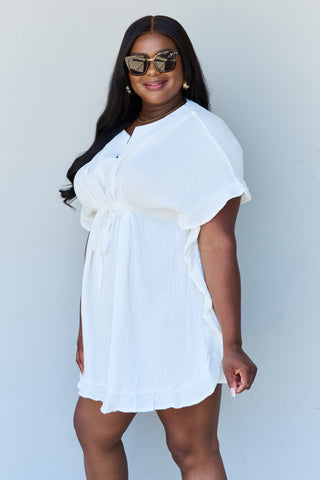 Full Size Ruffle Hem Dress with Drawstring Waistband in White