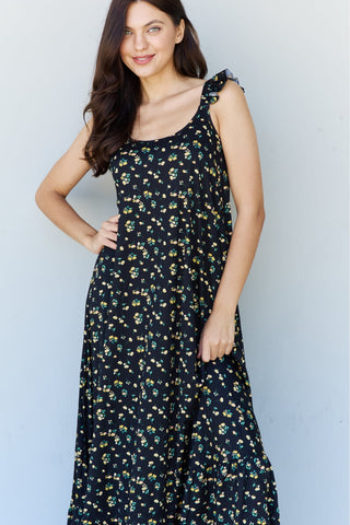 Ruffle Floral Maxi Dress in  Black Yellow Floral