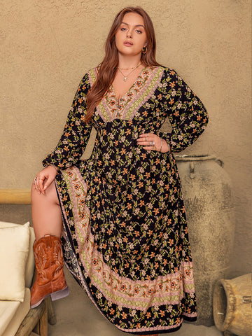 Plus-Size Floral V-Neck Balloon Sleeve Dress