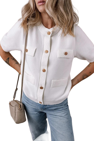 Button Up Round Neck Short Sleeve Knit Top