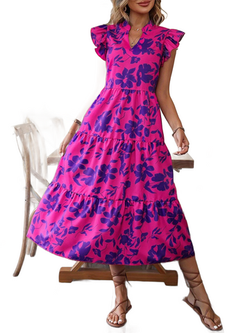 Ruffled Printed Cap Sleeve Midi Dress