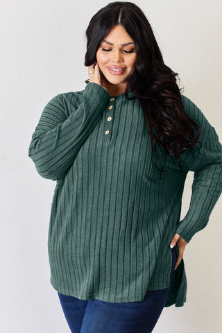 Full Size Ribbed Half Button Long Sleeve High-Low T-Shirt