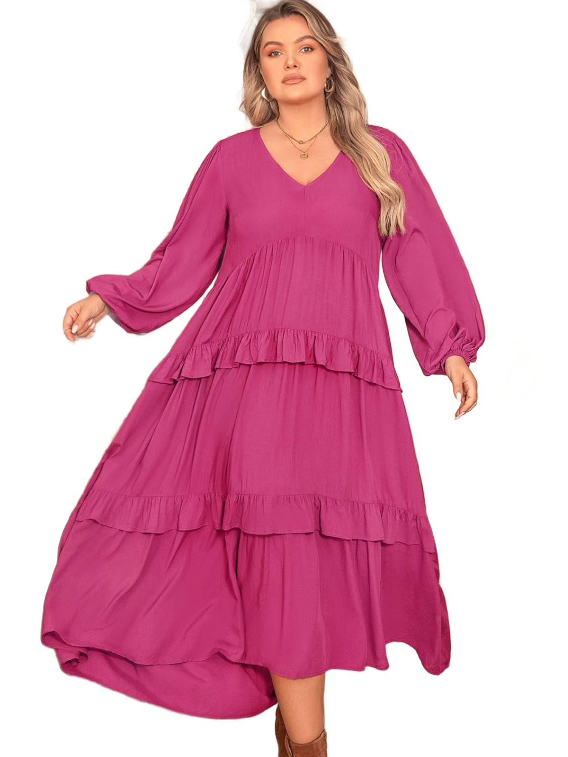 Plus Size Ruffled V-Neck Long Sleeve Dress