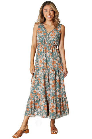 Floral V-Neck Tiered Sleeveless Dress