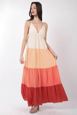 Color Block Tiered Maxi Came Dress