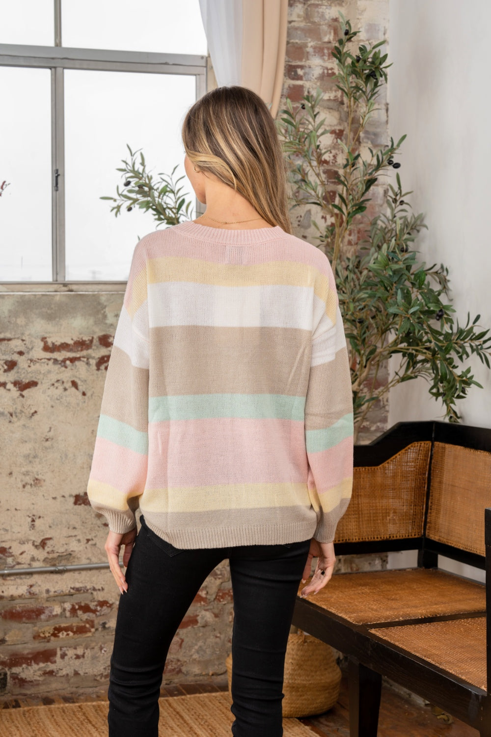 Full Size Color Block Round Neck Sweater