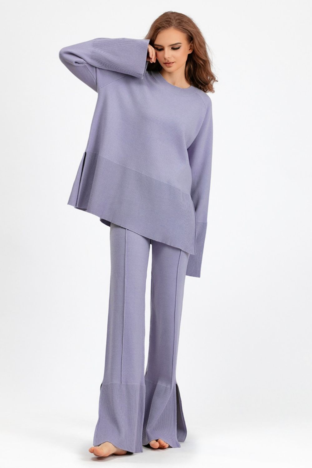 Basic Be Slit Round Neck Long Sleeve Top and Drawstring Pants Sweater Set