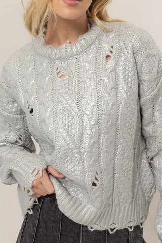 HAVE Distressed Cable-Knit Round Neck Long Sleeve Sweater