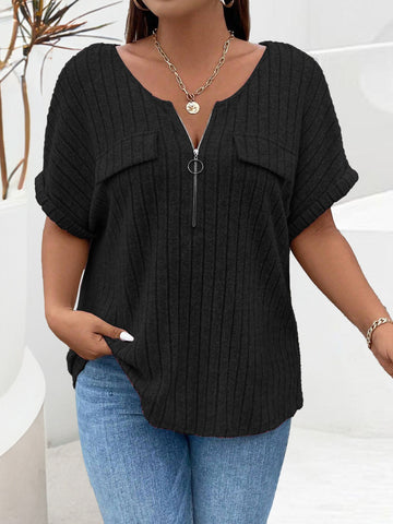 Plus Size Half Zip Short Sleeve T-Shirt