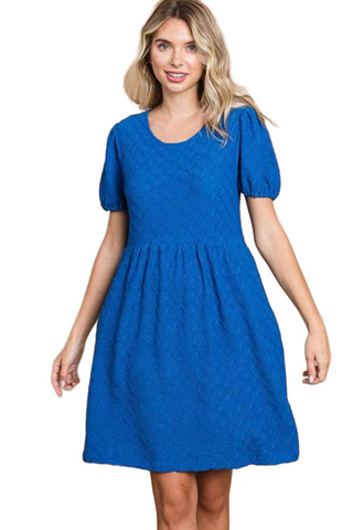 Texture Round Neck Short Sleeve Dress with Pockets