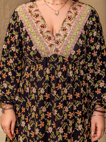 Plus-Size Floral V-Neck Balloon Sleeve Dress