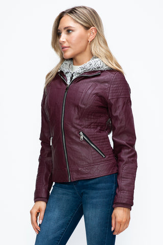 PMI Faux Layered Double-Zipper Jacket with Fuzzy Hood