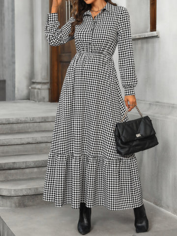 Ruffle Hem Plaid Long Sleeve Dress