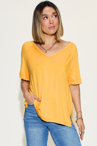 Full Size Slit V-Neck Short Sleeve T-Shirt