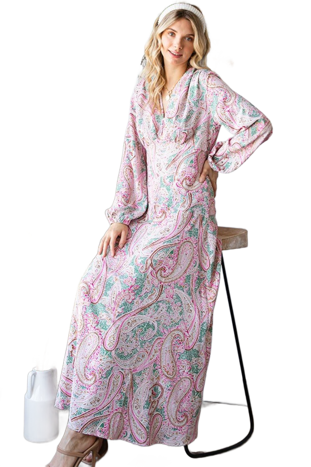 Paisley Print Tie-Back Long Sleeve Maxi Dress