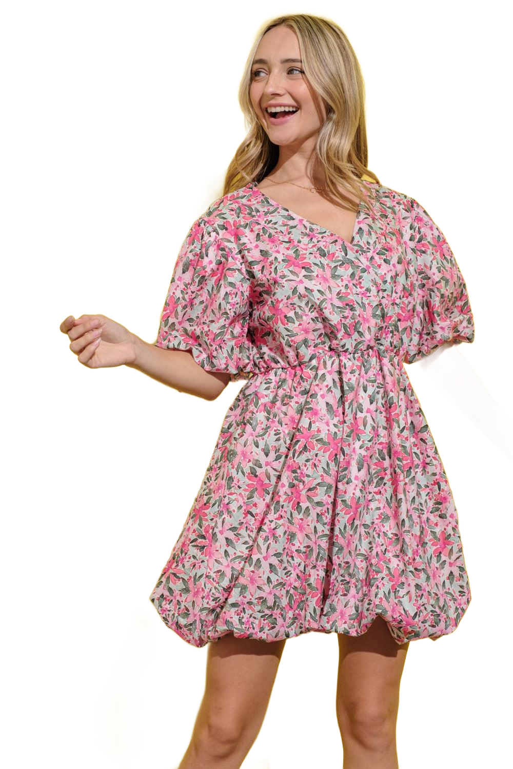 Full Size Floral Surplice Puff Sleeve Dress