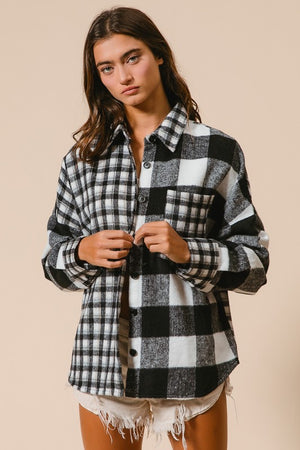 BiBi Plaid Fleece Button Down Long Sleeve Shirt