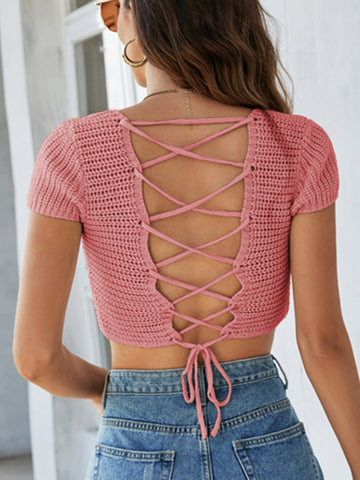 Lace-Up  Square Neck Sweater