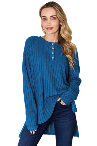 Full Size Ribbed Half Button Long Sleeve High-Low T-Shirt