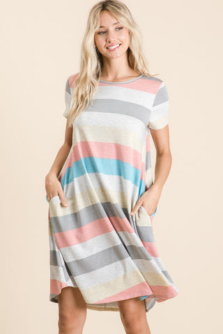 Striped Short Sleeve Dress with Pockets